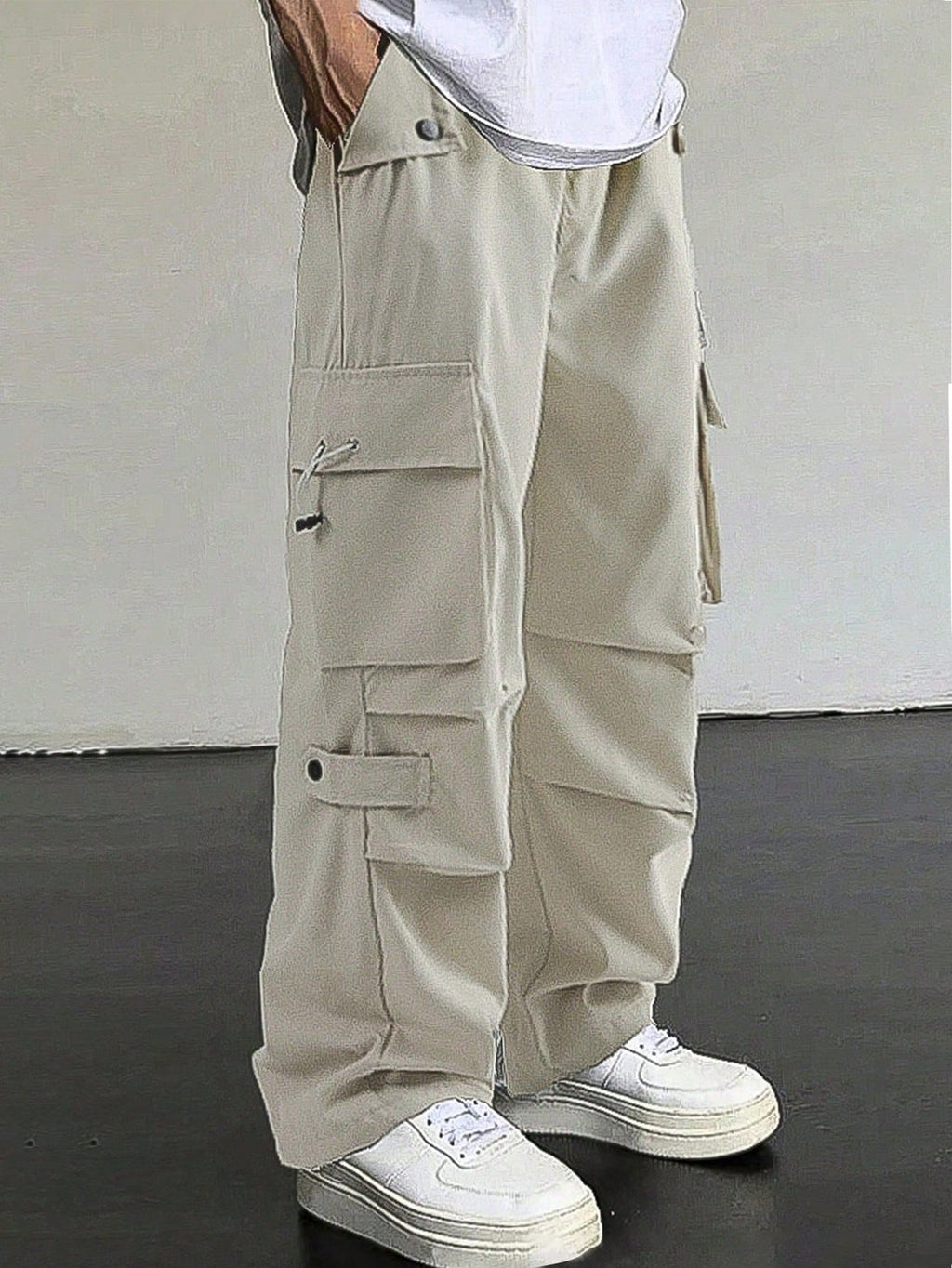 Manfinity EMRG Men'S Flap Pocket Drawstring Waist Cargo Pants Baggy Long Plain Going Out, Back to School