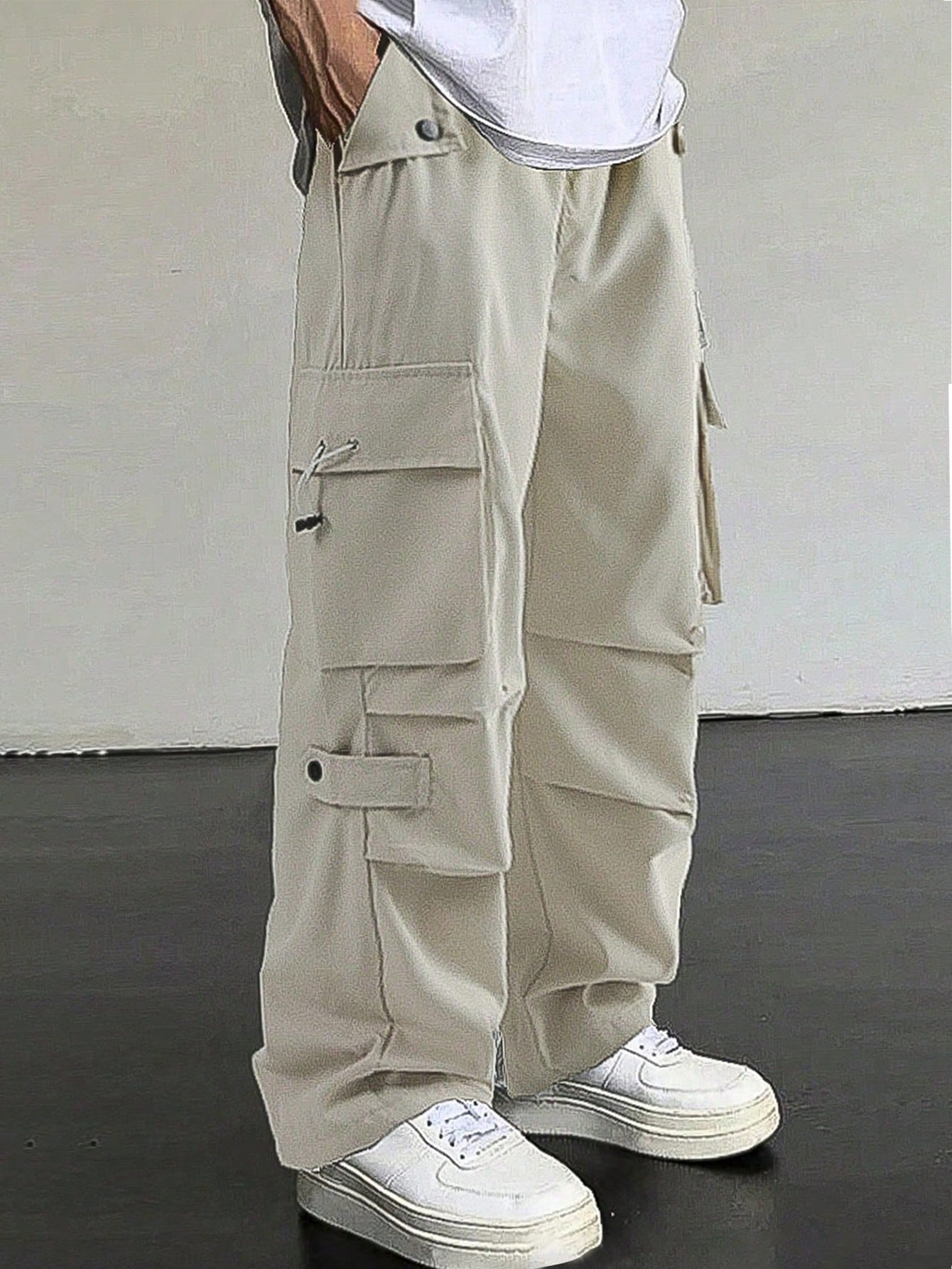 Manfinity EMRG Men'S Flap Pocket Drawstring Waist Cargo Pants Baggy Long Plain Going Out, Back to School