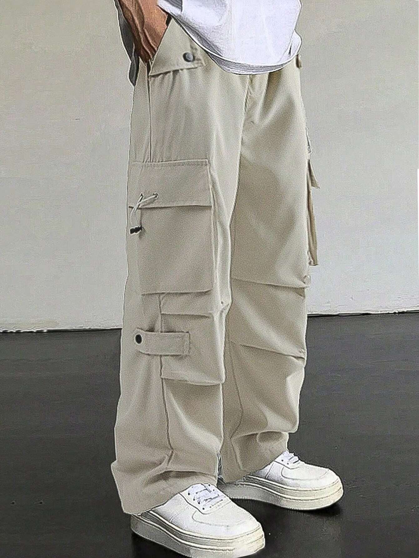 Manfinity EMRG Men'S Flap Pocket Drawstring Waist Cargo Pants Baggy Long Plain Going Out, Back to School